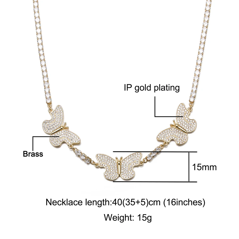 Hip Hop Fashion Bling Cubic Zirconia Tennis Chain With 15MM Butterfly Iced Out Necklace Bracelet For Men Women Jewelry