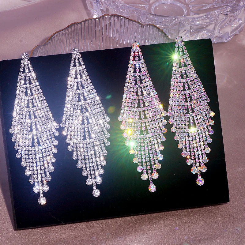 Classic Crystal Earrings Long Tassel Drop Earrings for Women Shiny Full Rhinestone Big Dangle Earrings Wedding Jewelry Gifts