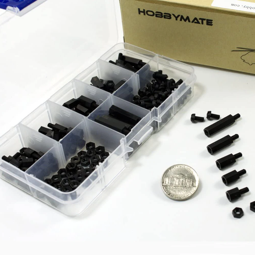 HOBBYMATE 180Pcs Assorted M3 Nylon Screws Nut Standoffs Spacers for DIY Building of FPV RC Quadcopter Drone, PC mods