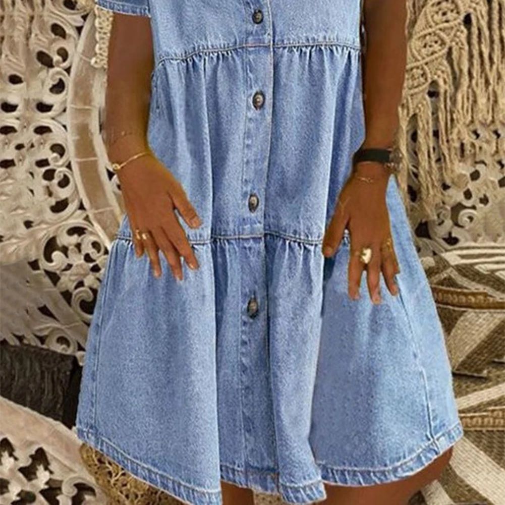 Gola azul manga curta vestido de botão fino sólido a linha raglan manga camisa denim vestido casual bolso cinza vestido retro bolsos