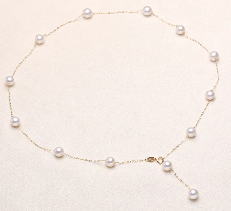 HABITOO Luster 18K Solid Gold Chain 6-7mm Natural White Round Freshwater Cultured Pearl Choker Necklace Jewelry Party Wedding