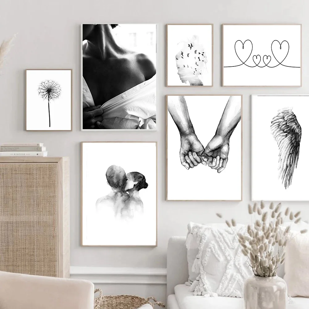 Nordic Black White Shoulder Kiss Hand Wall Art Canvas Painting Dandelion Print Double Love Wall Painting for Living Room Decor