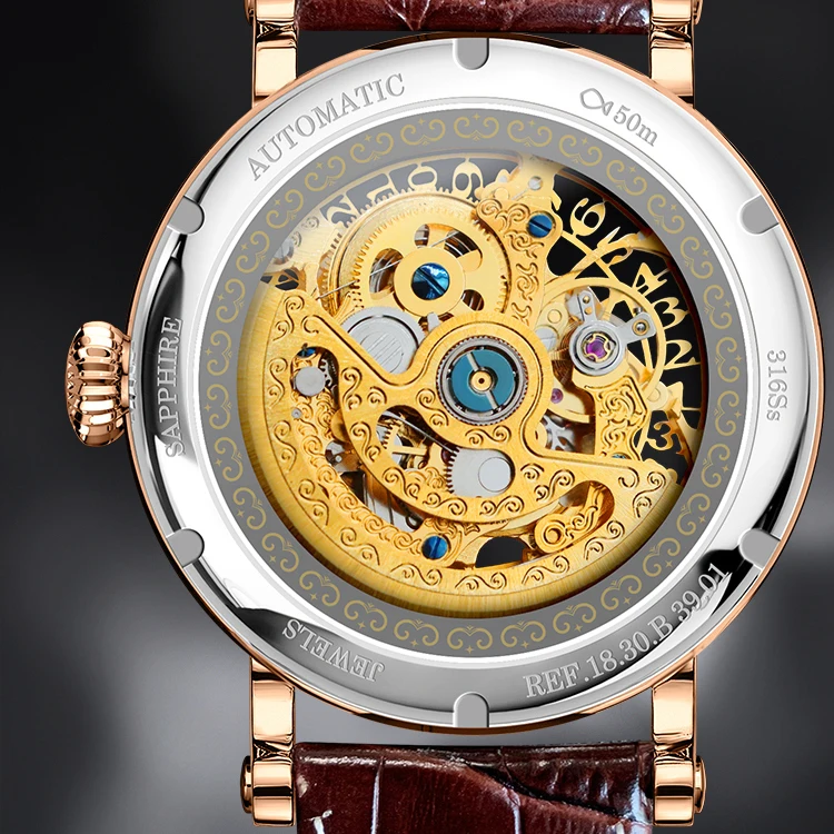 BORMAN Orologi di lusso da uomo, orologio automatico da uomo alla moda Orologi da polso meccanici scheletrati Zaffiro impermeabile in acciaio inossidabile