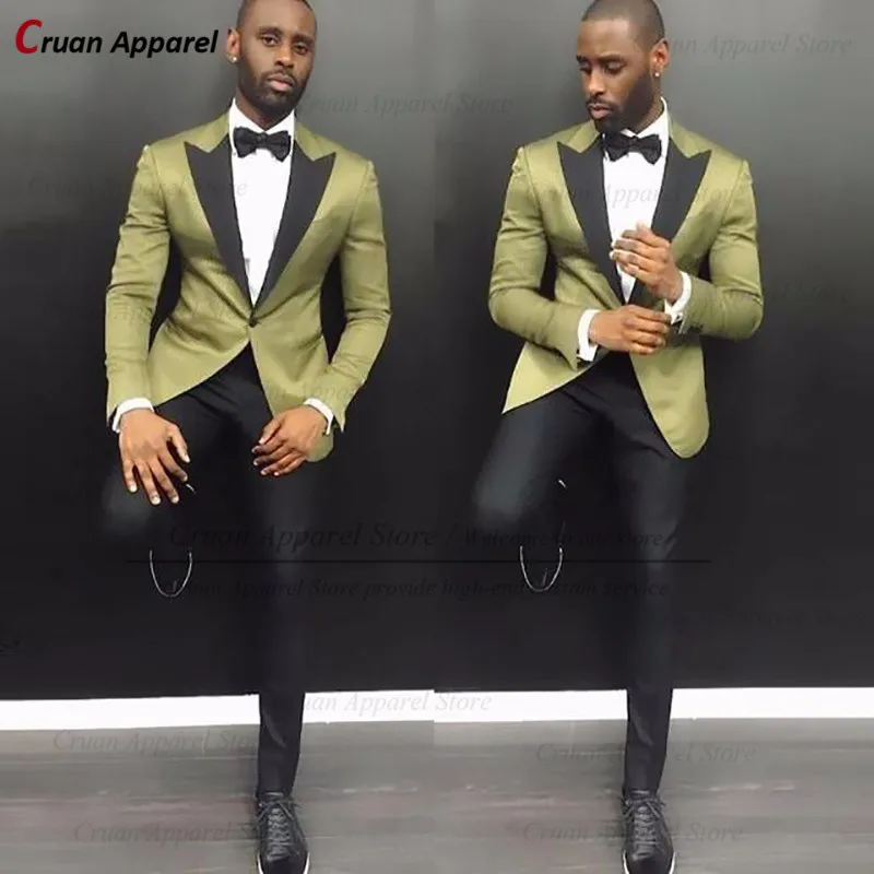 Latest Casual Light Grey Suits Men Set Slim Fit Groomsmen Groom Wedding Suit Tuxedo Tailor-made Casual Gold Jacket Pants 2Pcs