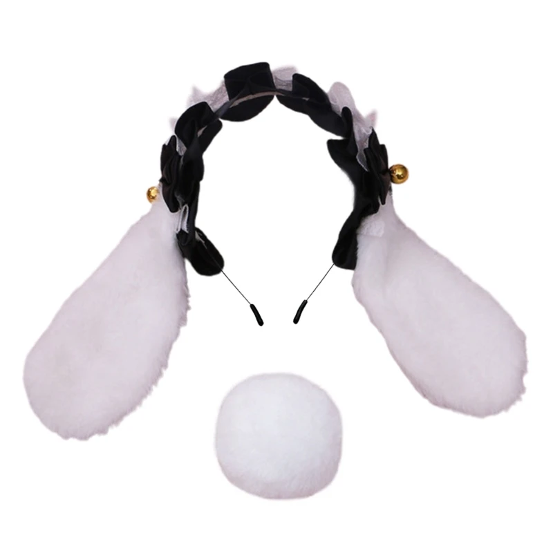 Lolita Bunny Ears Headband with Fluffy Tail Set Lace Rabbit Cosplay Hair Hoop