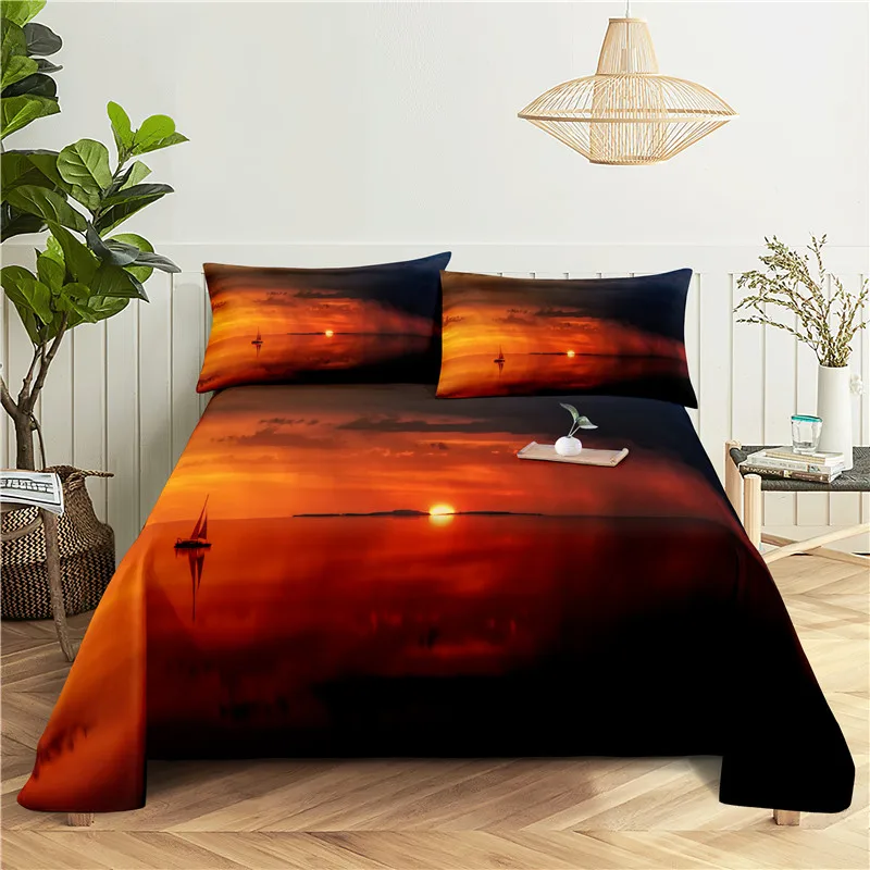 

Sunset Glow 0.9/1.2/1.5/1.8/2.0m Digital Printing Polyester Bed Flat Sheet With Pillowcase Print Bedding Set