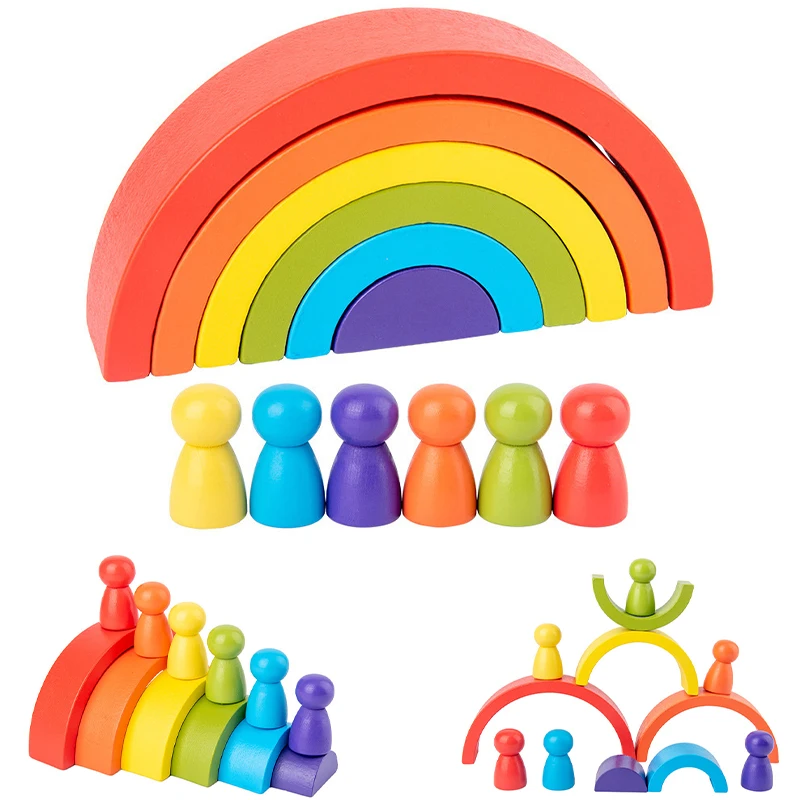 Multi-Play Wooden Rainbow Arched Building Block Villain Combination Montessori Creative Construct Early Educational Kid Toy Gift