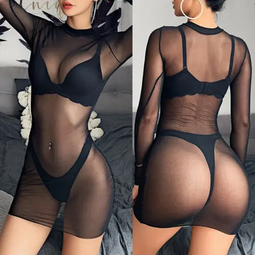 Vestido de playa de una pieza de manga larga para mujer, traje de baño transparente de malla transparente, traje de baño Sexy para fiesta de verano