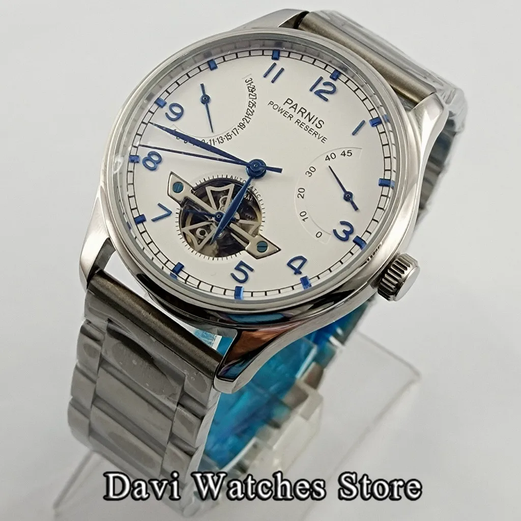 43mm Parnis Luxury Power Reserve Automatic Men's Watches Steel Strap White Dial Mechanical Seagull Movement Relogio Masculino