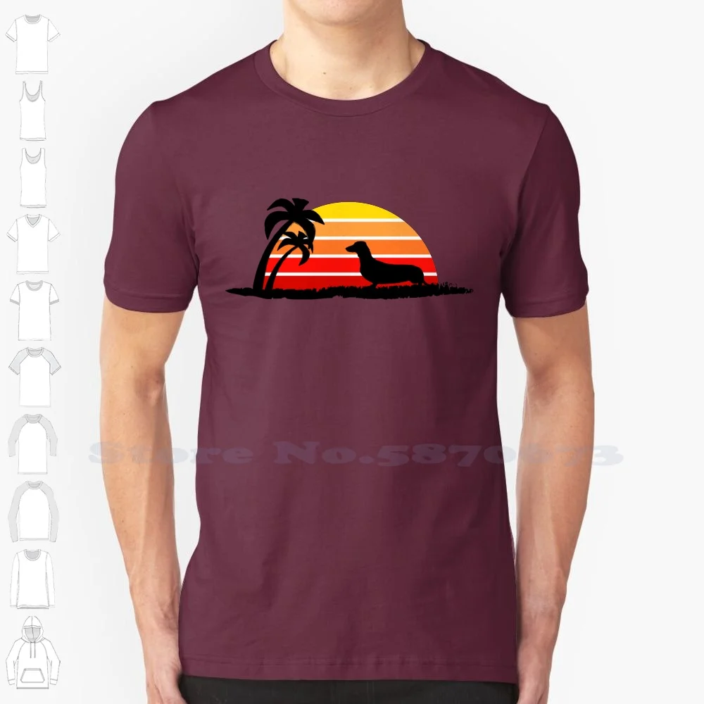 Dachshund On Sunset Beach 100% Cotton T-Shirt Beach Salty Breed Sunset Sun Wiener Dog Island Palm Tree Coast Canine Shore Howl