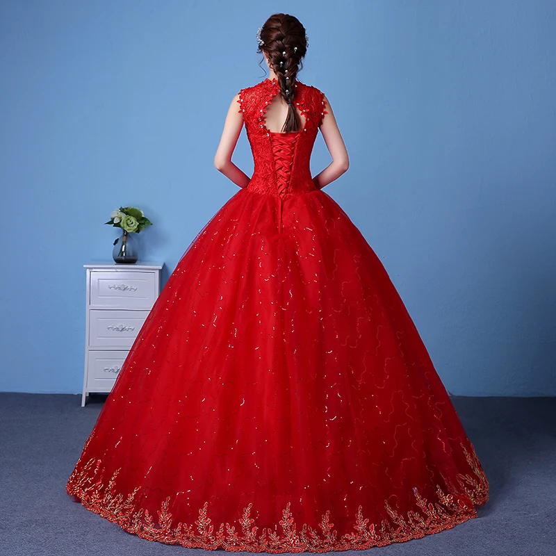 AnXin SH luxury red flower princess vintage beading v neck crystal flower bride white lace ball gown customized wedding dress