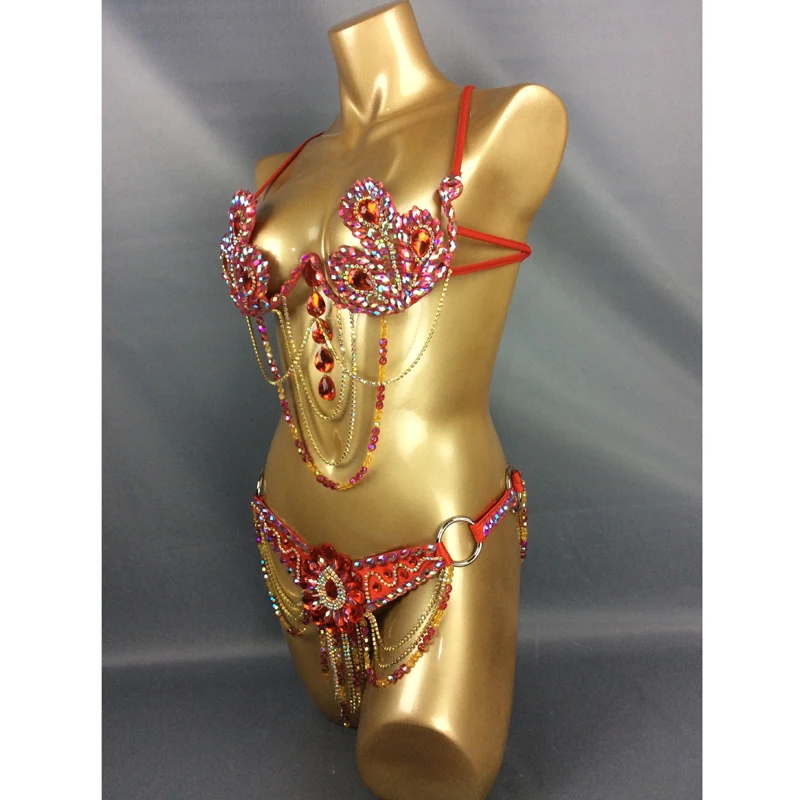 Samba Carnival Wire Bra & Belt 2pcs/Set Rainbow stones free shipping CB010 Red