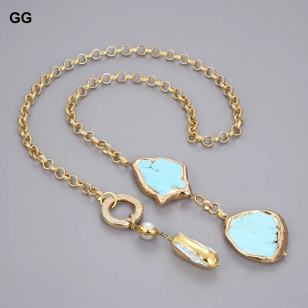 Natural White Biwa Pearl Blue Turquoise Lariat Chain Necklace Women Jewelry Gifts