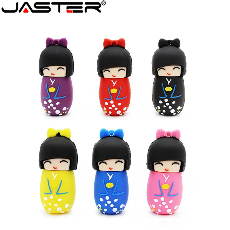 JASTER 만화 일본식 기모노 인형 펜 드라이브 128GB 실리콘 어린이 선물 USB 플래시 드라이브 64GB 예쁜 메모리 스틱 32GB