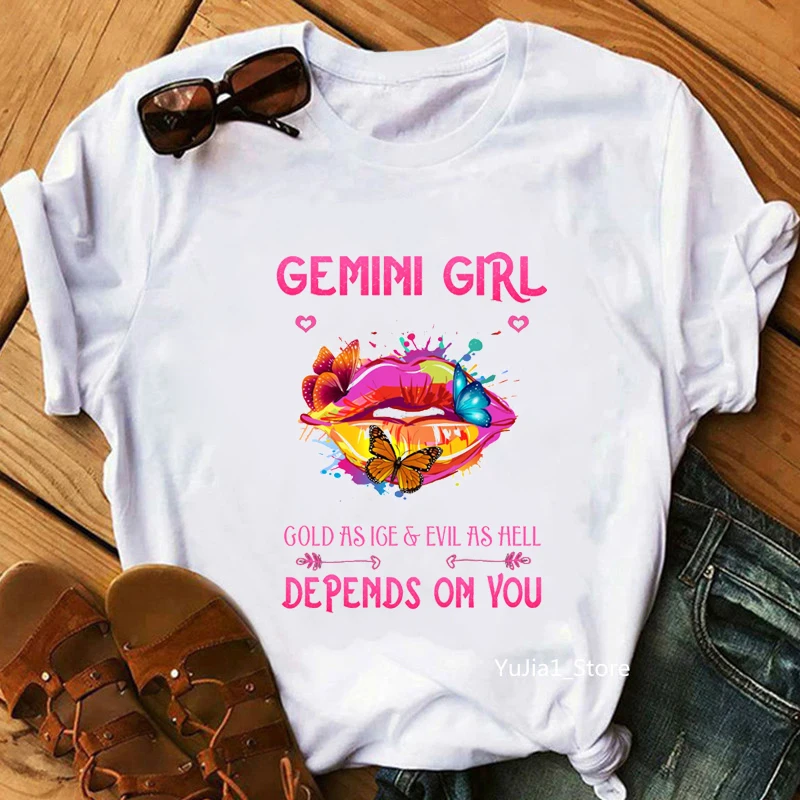 

Gemini Girl Lips May June Queen Birthday Zodiac Graphic Print Tshirt Women Rainbow Lips Butterfly T Shirt Femme Summer Tops Tee