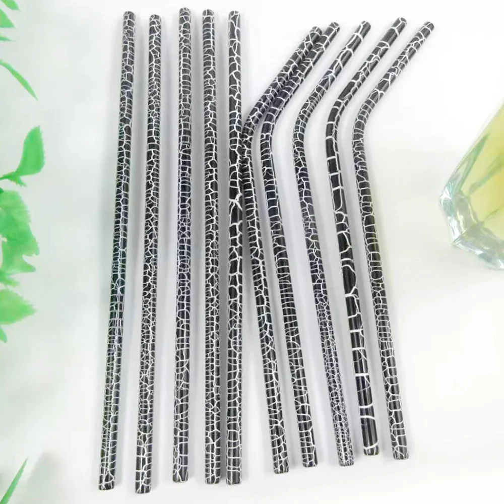 50pcs Metal Curve 6MM 215mm white dot print Drinking  Straw Black Eco-Friendy Bend Stainless Steel With Rainbow Brush Food Grade