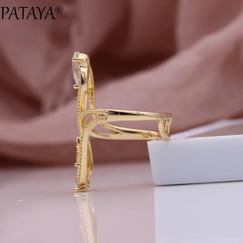 PATAYA New Water Drop Natural Zircon Rings 585 Rose Gold Color Fashion Jewelry Wedding Fine Clover Hyperbole Women Hollow Rings