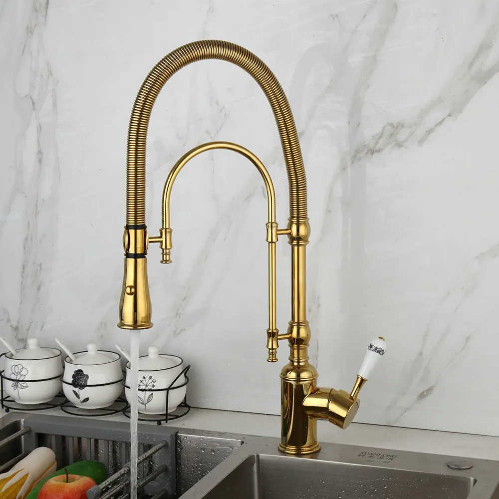 OUBONI Golden Plated Kitchen Faucet Vessel Sink Swivel Faucet Washbasin Mixer Taps W/ Pull Down Spring 2 Ways Spray Basin Mixer