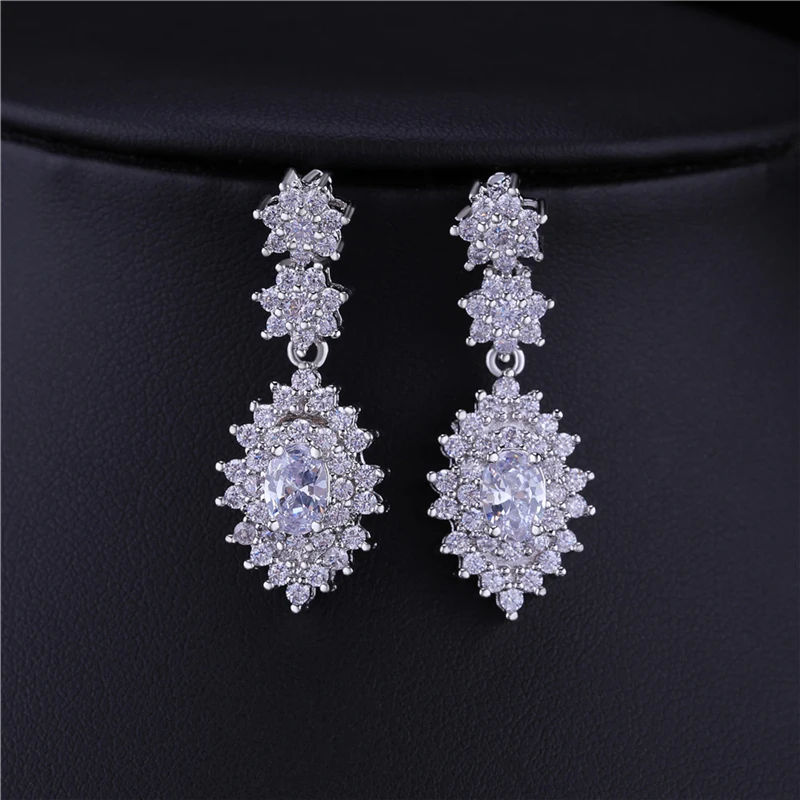 HUAMI Classic Water Drop Earrings Pendant Necklace Sets for Women Jewelry Luxury Material Silver Color Shine Zircon Wedding