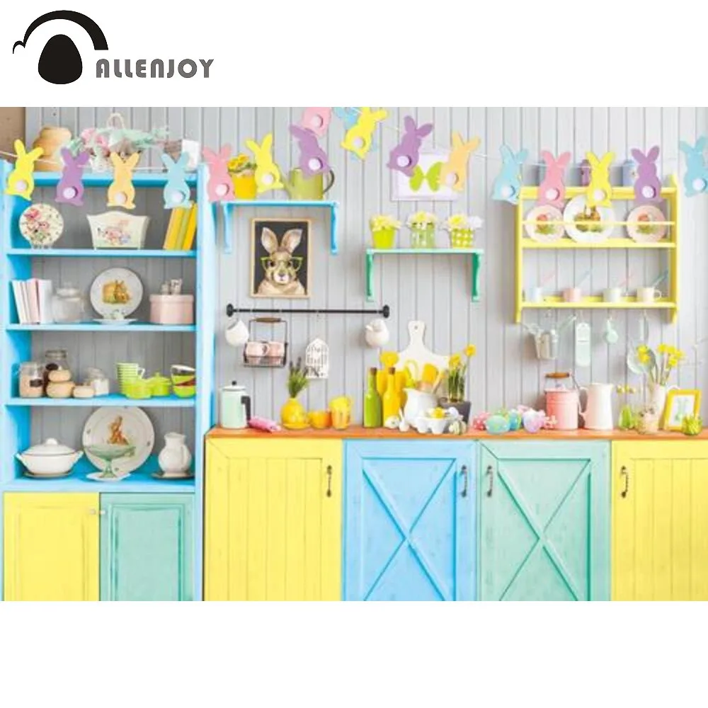 

Allenjoy Spring Easter Colourful Kitchen Backdrop Cupboard Rabbits Baby Shower Newborn Decor Wooden Cook Photozone Background