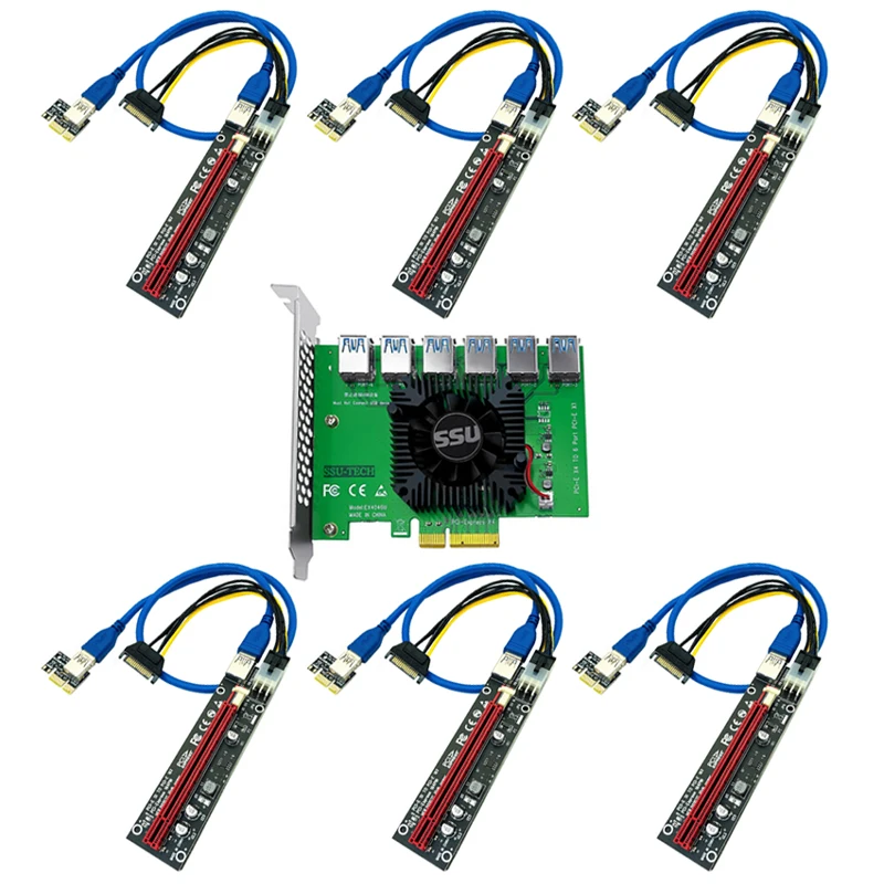 كرت PCIE Riser PCI-E من 1 إلى 6 بطاقة Riser 103S Cabo Riser PCI Express x16 موسع 0.6 متر USB 3.0 كابل SATA إلى 6Pin طاقة لبطاقة الفيديو