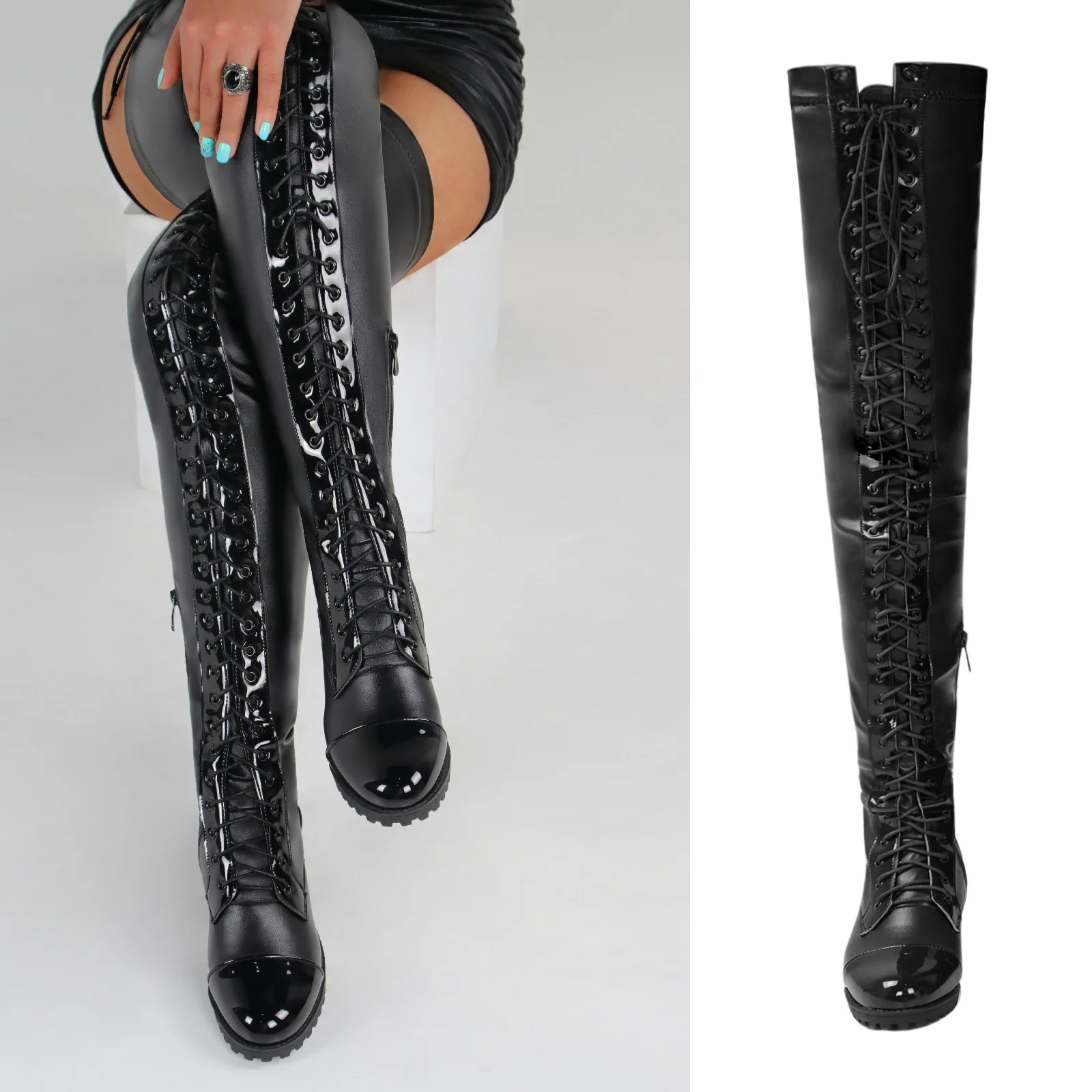 New Riding Women Boots Western Leather Over Knee High Boots Autumn Black Lace-up Fashion Women Shoes Low Heel Long Boots 2022