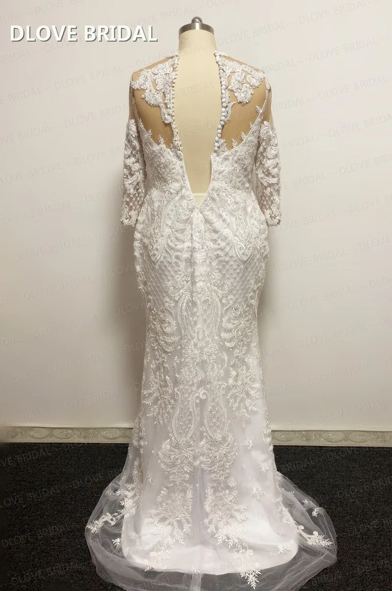 Abito da sposa a maniche lunghe taglie forti abito da sposa in pizzo con perline unico DLOVE abiti da sposa nuovo stile foto reali