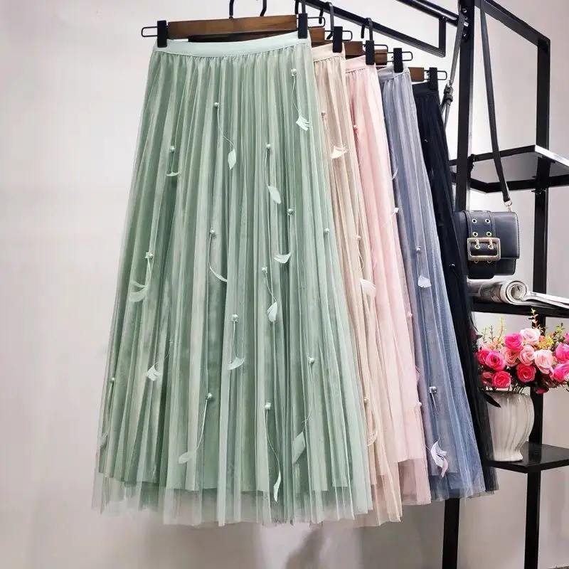 

Women's Long Mesh Skirt 2024 High Waist A- line Pleated Skirt Woman Skirts Mujer Faldas Saias Mulher