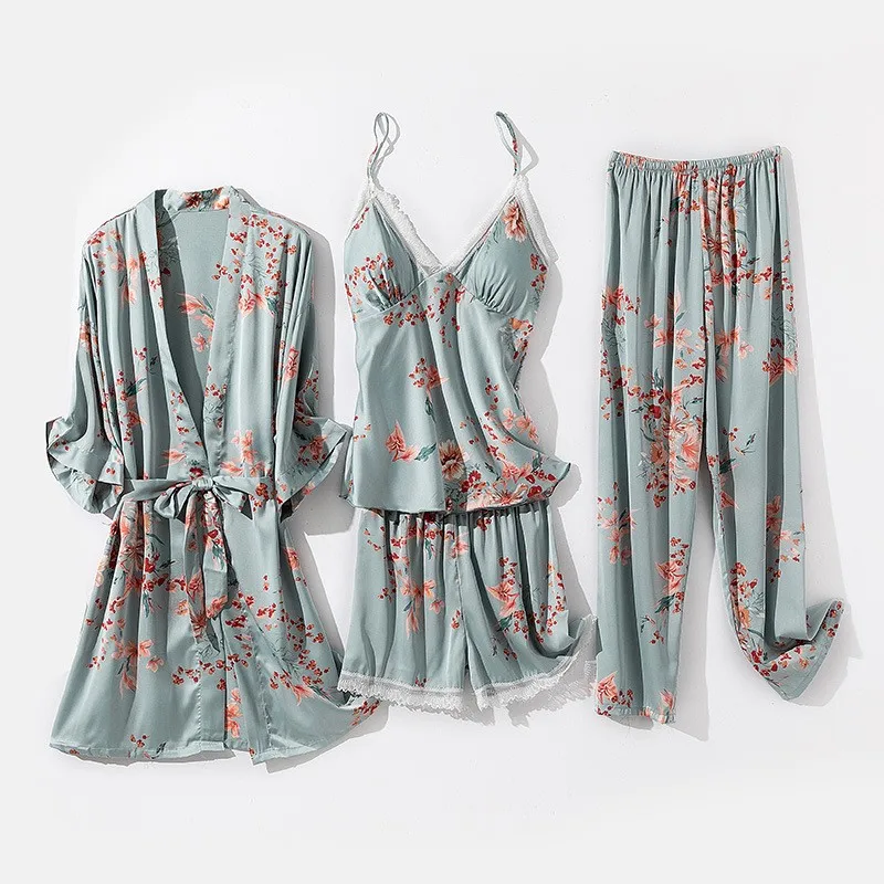 Kimono Robe Gown Print Flower Women Sleepwear Bathrobe Summer Nightgown Casual Silky Nightwear Satin Nightdress Home Clothes