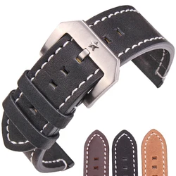 Genuine Leather Watch Band Strap 24mm Black Dark Brown Women Men Bracelet Belt With Silver Metal Pentagram Buckle