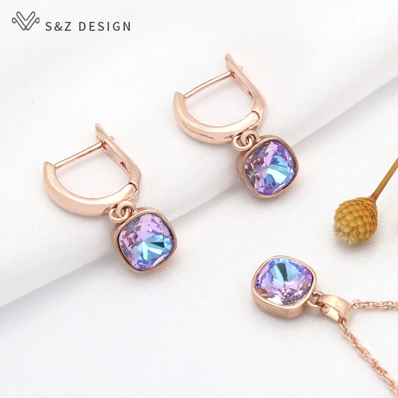 S&Z DESIGN New Trendy Square Crystal Dangle Earrings Pendant Necklace Jewelry Sets For Women Fashion Temperament Jewelry Gift