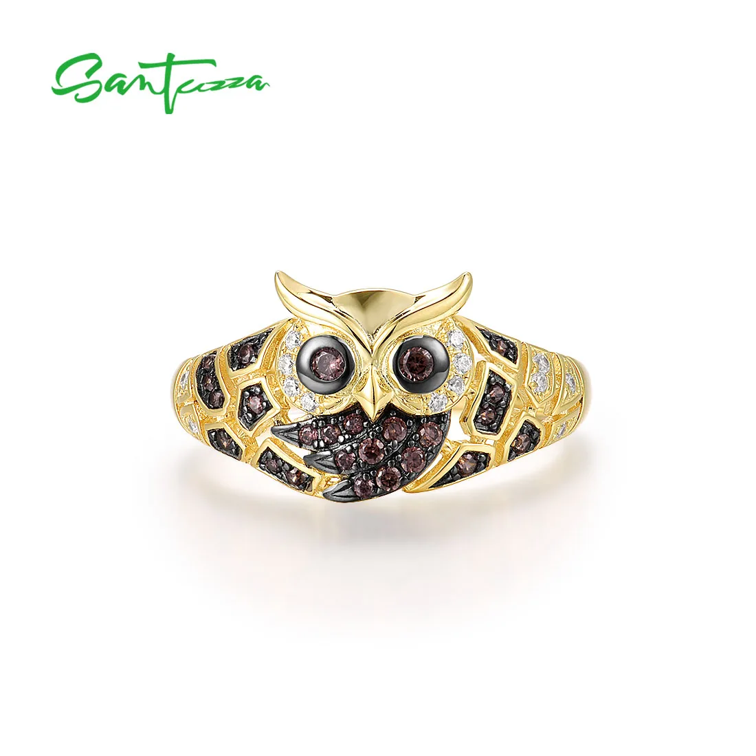 SANTUZZA Genuine 925 Sterling Silver Ring For Women Chocolate/White CZ Gold Color Night Owl Rings Animal Gifts Fine Jewelry