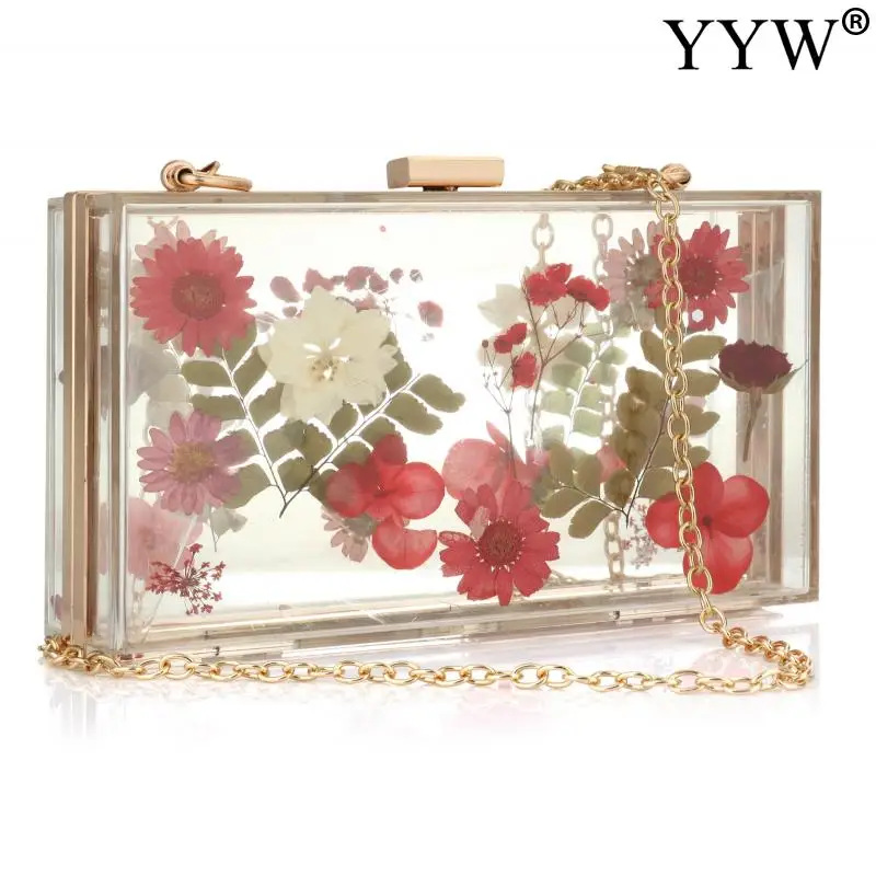 New Fashion Women Floral Acrylic Clutch Bag Box Bag Shoulder Transparent Elegant Design Female For Ladies Party Wedding Clutches