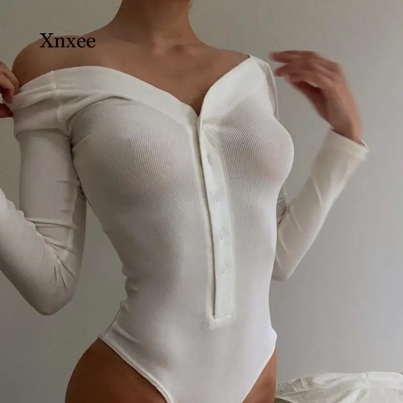 زر حتى الخامس الرقبة محبوك داخلية Bodycon كم طويل المرأة بلايز حمالة قطعة واحدة نادي حفلة ملابس الشارع الشهير كوع تي أنثى تي شيرت