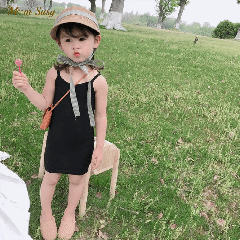 Fashion Baby Girl Ribbed T-Shirt Dress Infant Toddler Child Strap Dress Sleeveless Sheaths Solid Color Summer Baby Clothes 1-10Y