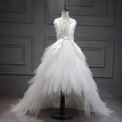 Elegante vestido de tul de cristal de cisne para niña, vestido de noche de flores, vestido de desfile para niños, fiesta de cumpleaños, vestido de