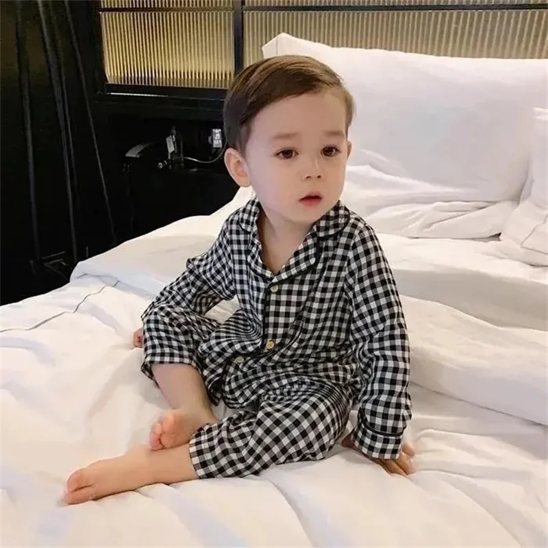 Classic Black White Grid Pajamas Sets Boys Baby Nighty Two-Piece Summer Autumn Long-Sleeved Shirt Trousers Loose Tops Pants