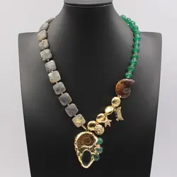 GG Natural Green Agate Labradorite Necklace Gold Plated Labradorite Green Agate CZ Pave Pendant For Women