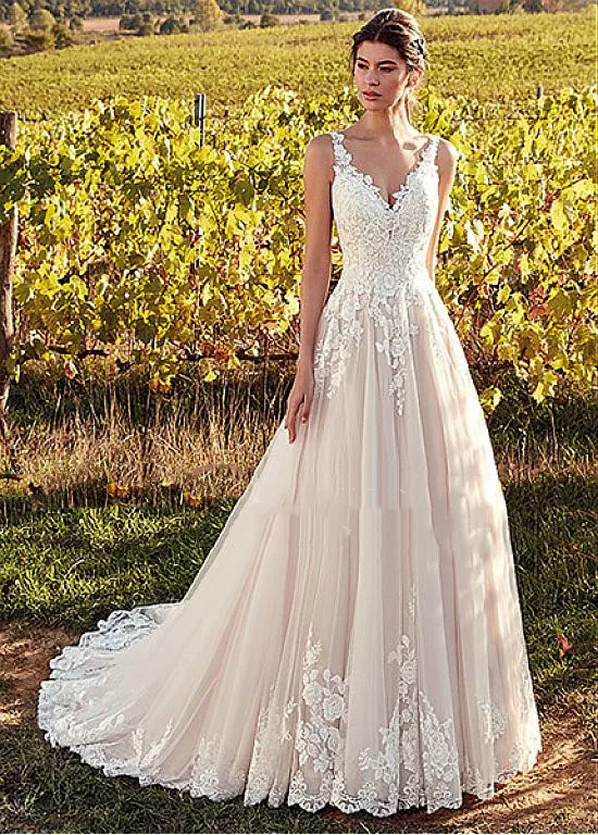 Clássico v-neck vestidos de casamento champagne a linha apliques até o chão vestidos de noiva 2020 vestidos de noiva