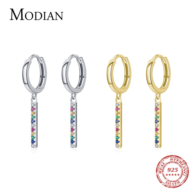 Modian Rainbow Color Sparkling Swing Zirconia Drop Ear 100% 925 Sterling Silver Fashion Charm Dangle Earrings For Women Jewelry