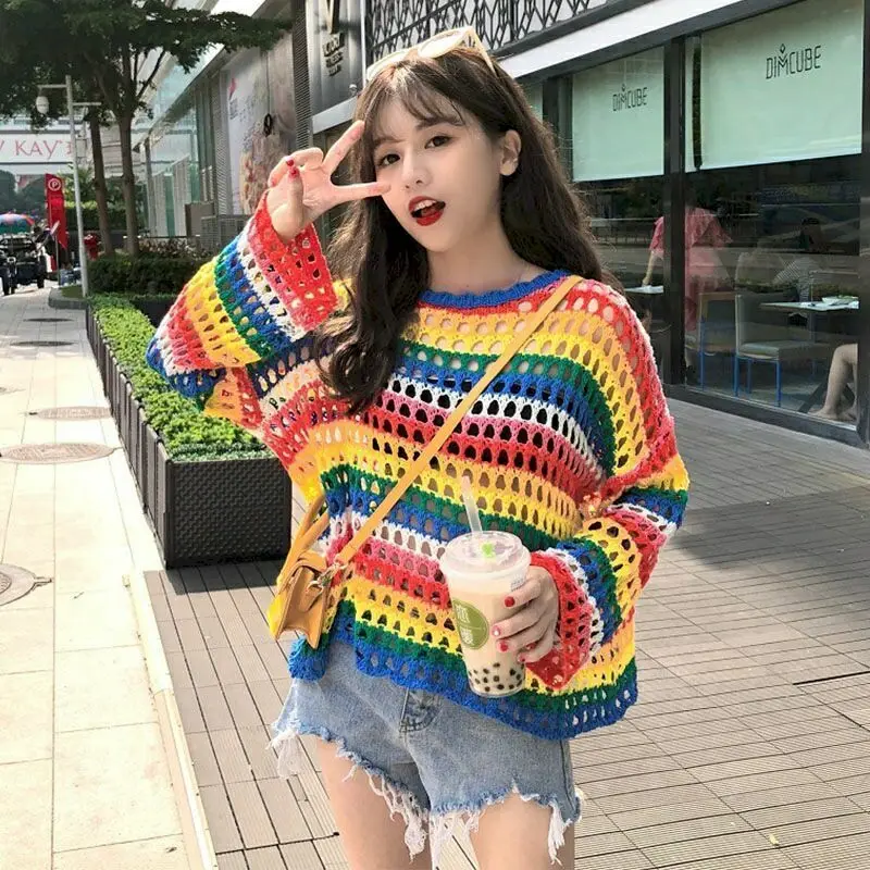 Sweater Women Spring Summer 2024 Sweet Wild Blouse Retro Wild Fishnet Shirt Hollow Top Woman Sweaters Kawaiyii Fashion Clothes