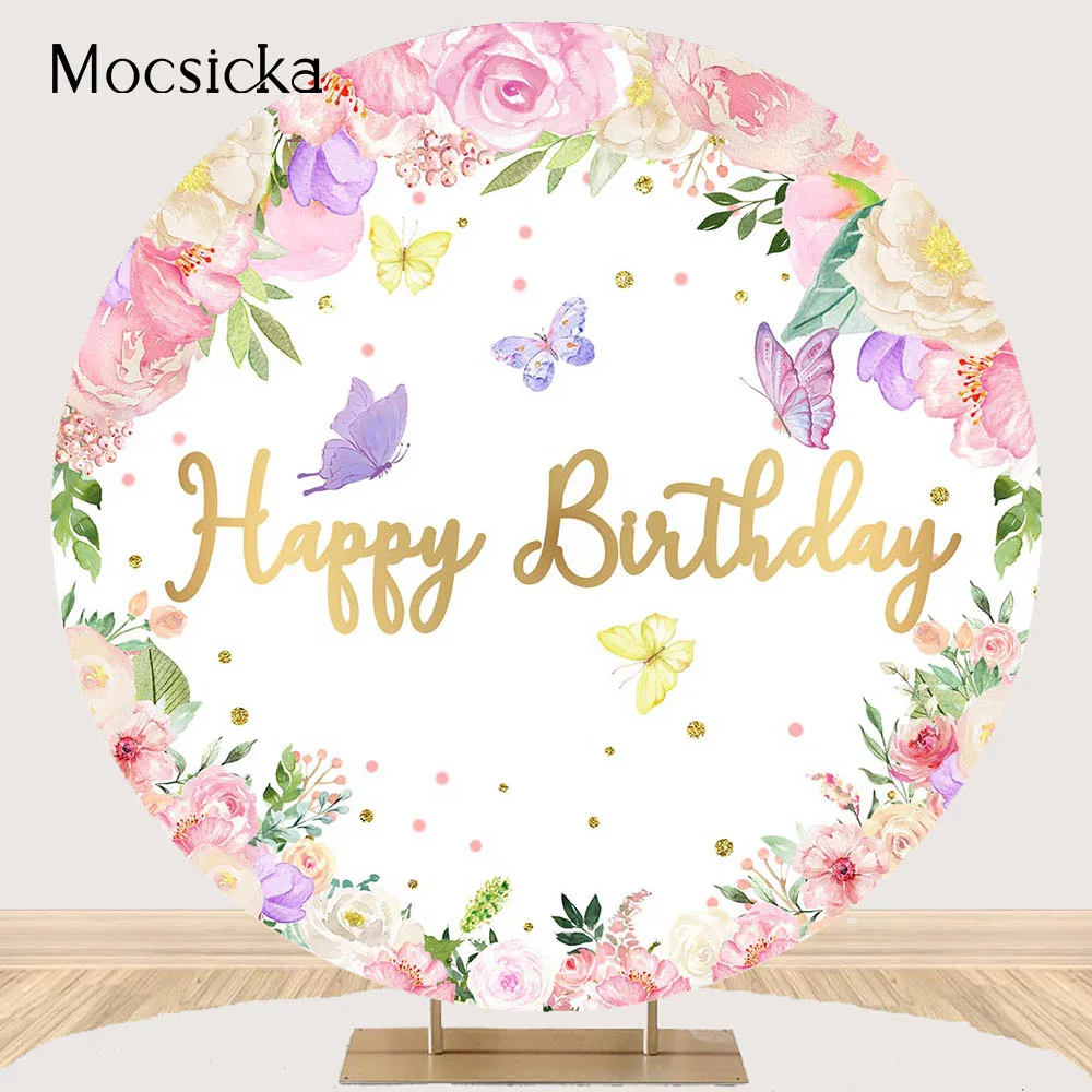 

Butterfly Birthday Backdrop Purple Flowers Round Circus Background Polyester Elastic Party Decoration Happy Birthday Banner