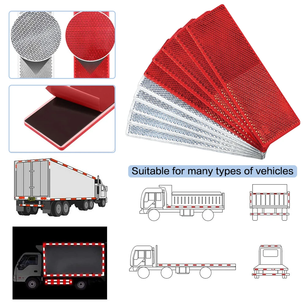 5Pcs Truck Trailer Rectangle Plastic Reflector Reflective Tape Adhesive Auto Safety Night Warning Plate Stickers Car Accessories