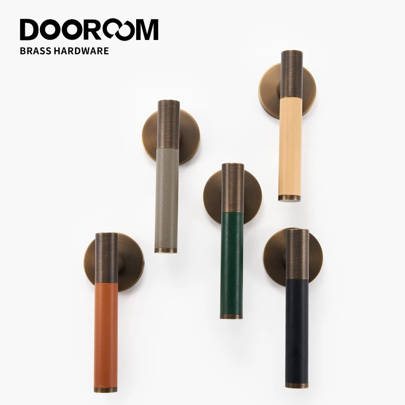 

Dooroom Brass Leather Door Lock Set Modern Italian Style Interior Bedroom Bathroom Double Wood Door Lever Set Dummy Handle