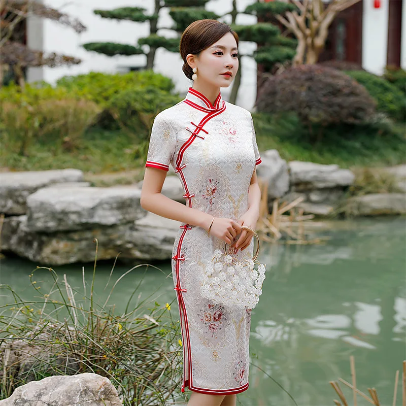 Gorgeous New  Silk Satin Slim Women Qipao Long Fork Vintage Button Chinese Traditional Mandarin Collar Ladies Cheongsam 3XL