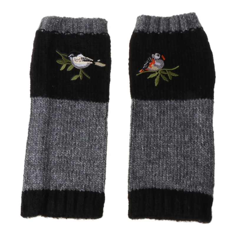 Women Winter Knitted Fingerless Gloves Bird Embroidered Color Block Splice Half 649C