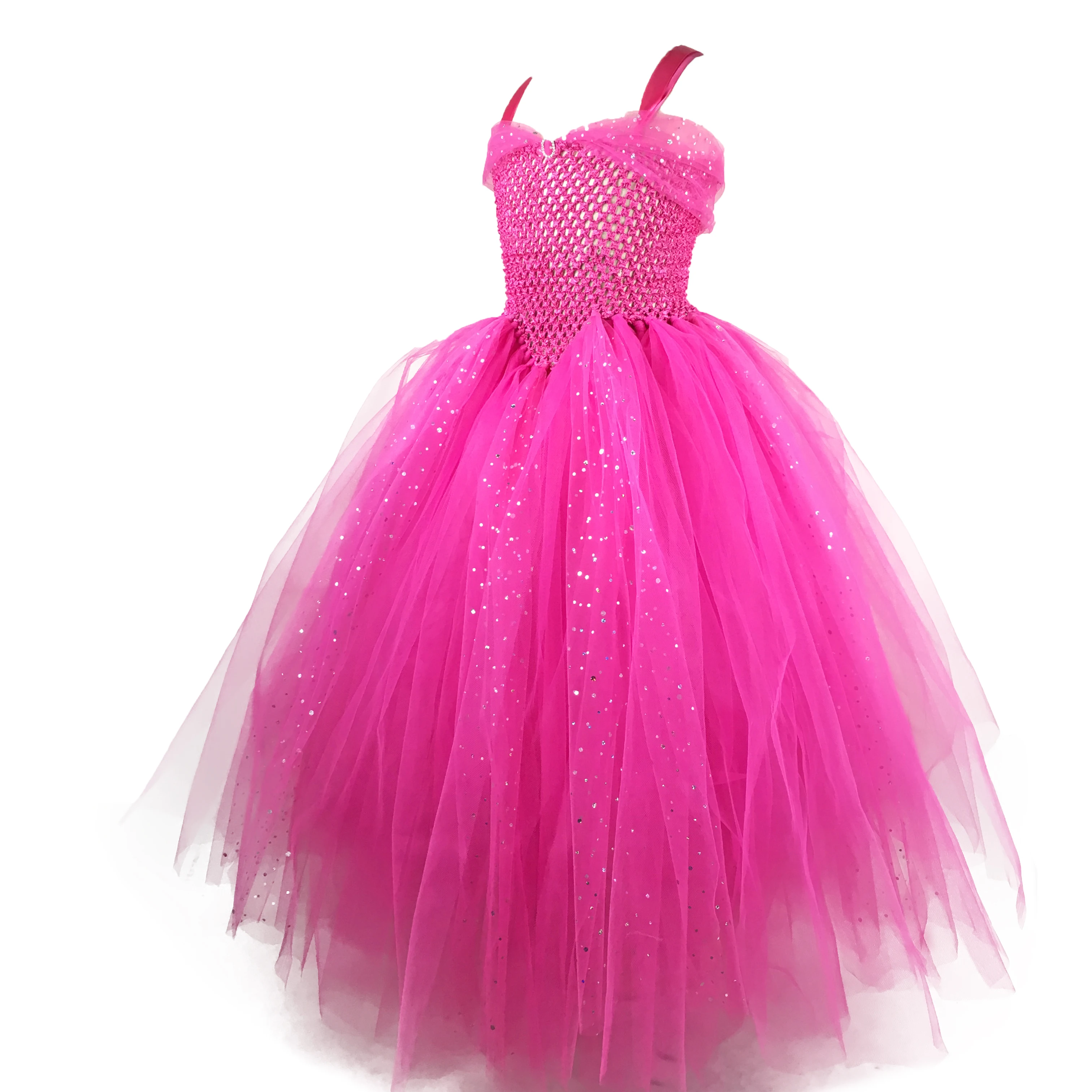 Girls Pink Glitter Tulle Tutu Dress Kids Crochet Evening Strap Dress Ball Gown Children Party Banquet Costumes Sparkle Dresses