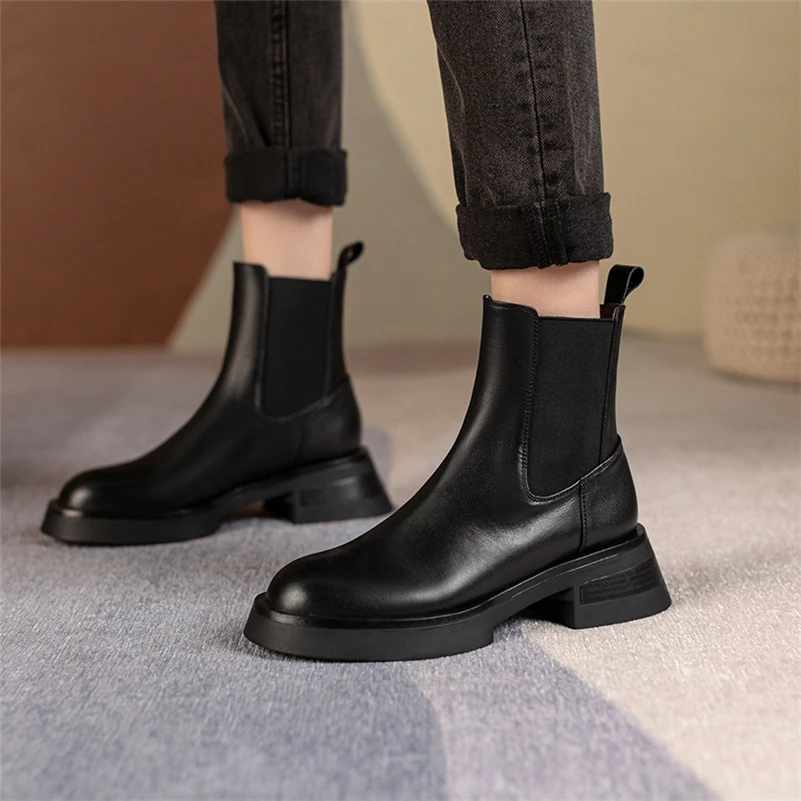 Meotina Women Shoes Genuine Leather Chelsea Boots Round Toe Ankle Boots Thick Med Heel Ladies Footwear Autumn Winter 39 Fashion