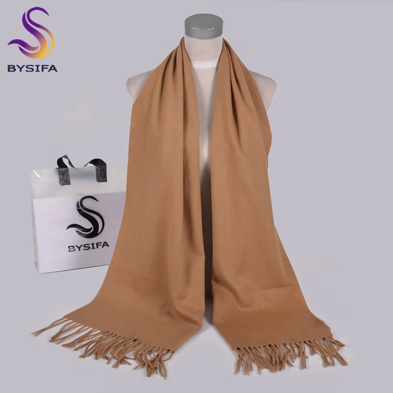 

[BYSIFA] Ladies Wool Scarves Shawls New Solid Long Neck Scarf Wrap 100% Pure Wool Women Camel Cashmere Scarves Pashmina 200*50cm