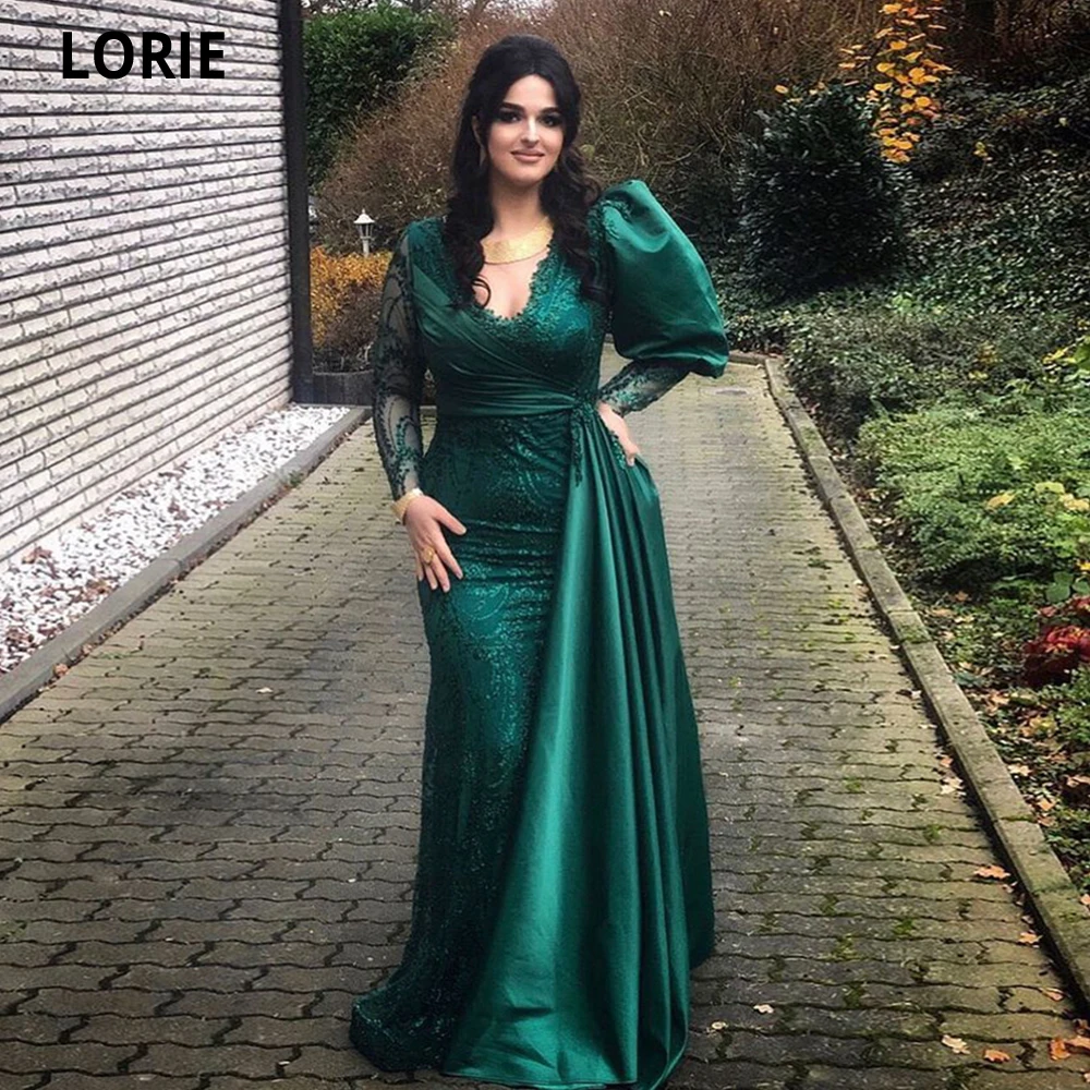 LORIE Green Evening Dresses Long Puff Sleeves Mermaid Saudi Arabia Lace Appliques Prom Dress Formal Party Gown Vestidos De Gala